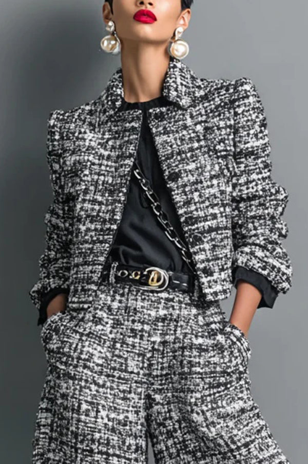 Cardydony Women's Stylish Long-sleeved Single-breasted Short Jacket and Casual Pocket Wide-leg Pants Sets