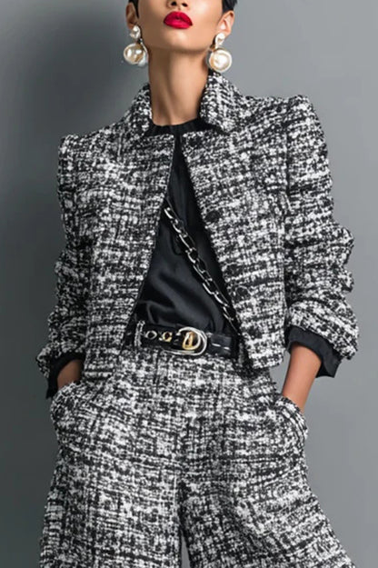 Cardydony Women's Stylish Long-sleeved Single-breasted Short Jacket and Casual Pocket Wide-leg Pants Sets