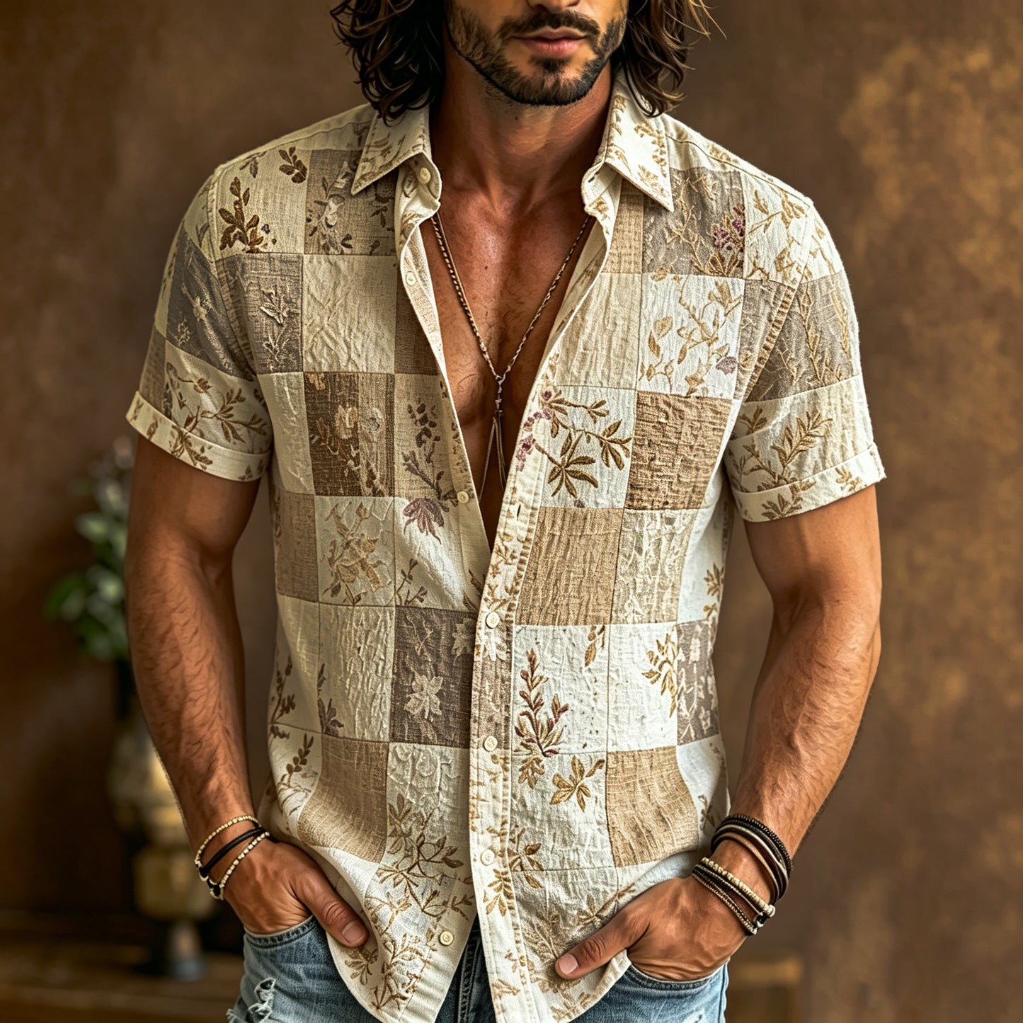 Cardydony Men's Bohemian Patchwork Floral Print Cotton And Linen Comfortable Short-sleeved Shirt