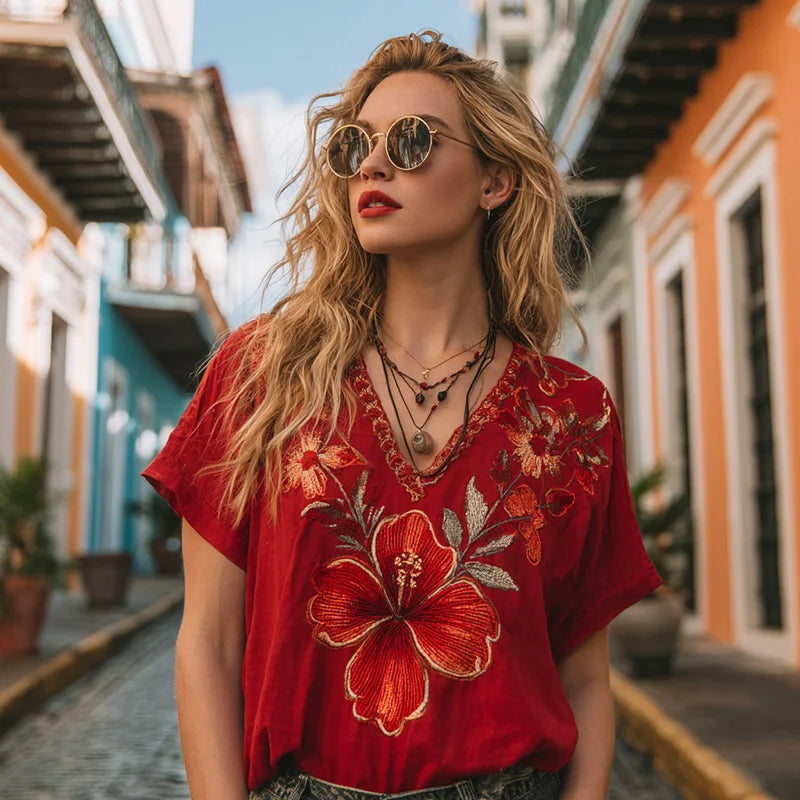 Cardydony Women's Retro Hibiscus Pattern Casual Linen Blend T-shirt