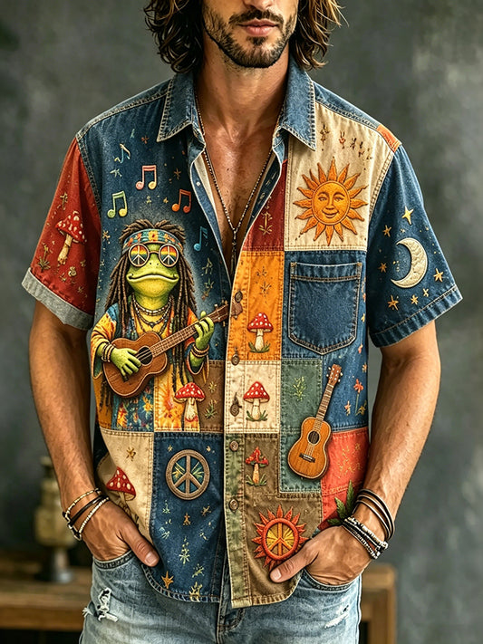 Cardydony Men's Hippie Frog Patchwork Music And Peace Sign Cannabis Leaf Mushroom Sun Art Print Casual Shirt