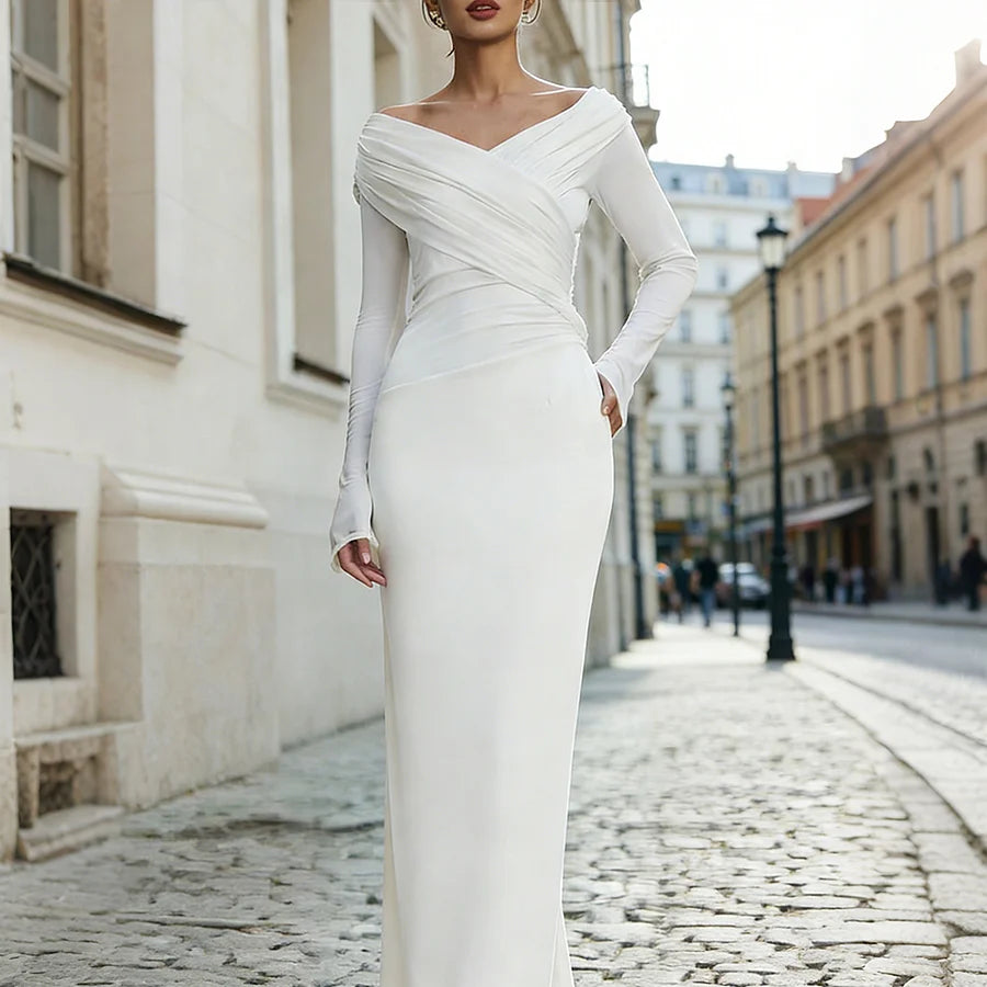 Cardydony Elegant V Neck Gathered Bodycon Maxi Dress