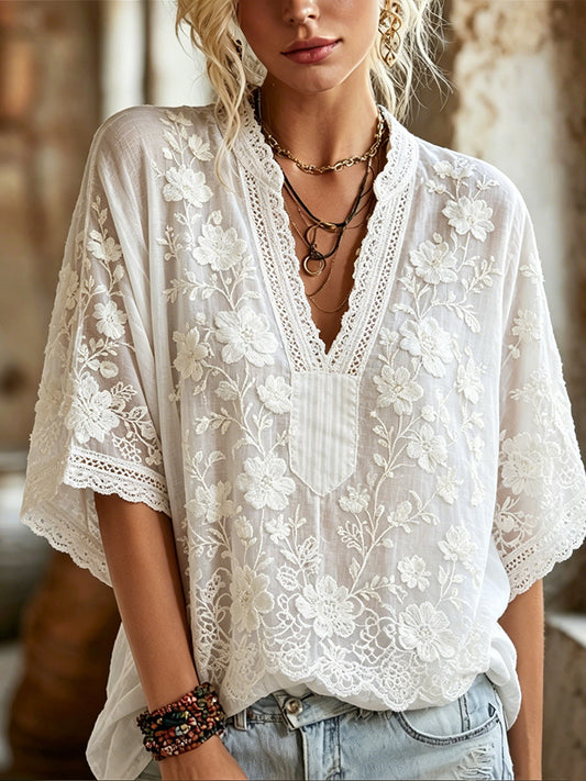 Cardydony Women's White Floral Embroidered Art Casual Short Sleeve Top