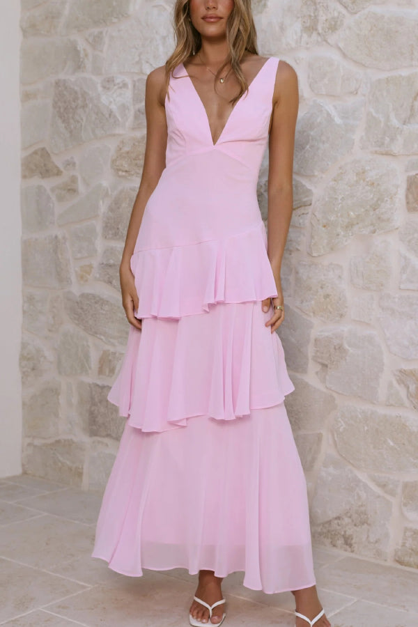 Cardydony Women's Solid Color V-neck Sleeveless Elegant Layered Maxi Dress