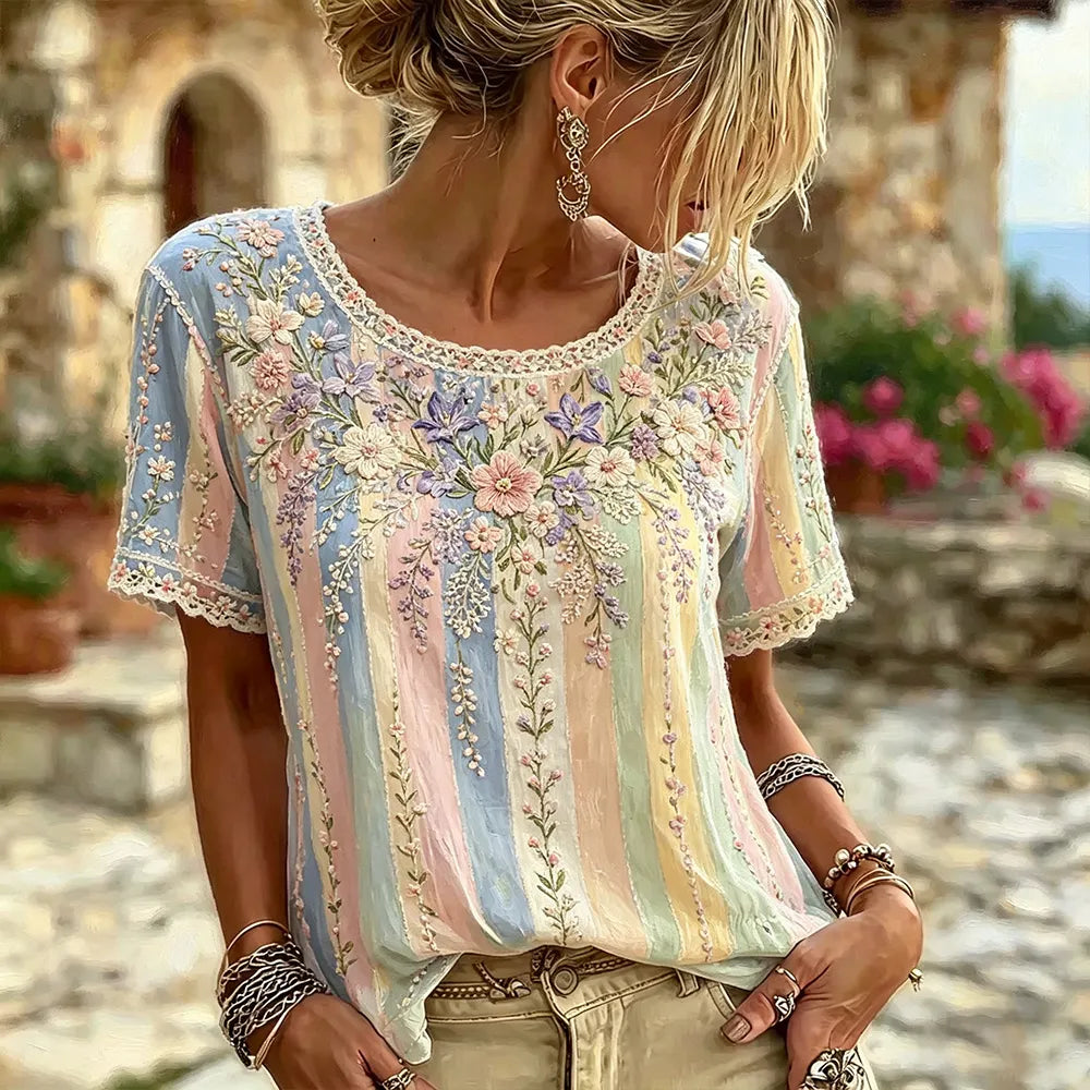 Cardydony Women's Floral Vine And Lace Embroidered Art Stripe Vintage Round Neck Short Sleeve Top