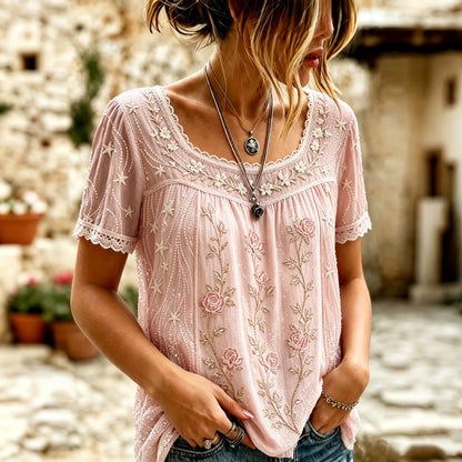 Cardydony Women's Vintage Star And Flower Art Linen Blend Round Neck Short Sleeve Tops