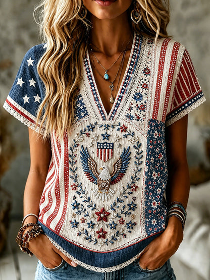 Cardydony Women's Retro Independence Day Flower Flag Art V Neck Linen Blend T-shirt