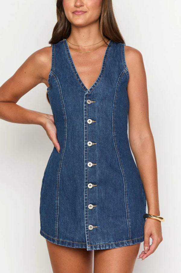 Cardydony Women's Stylish Sleeveless V-neck Buttons Tie-up Denim Mini Dress