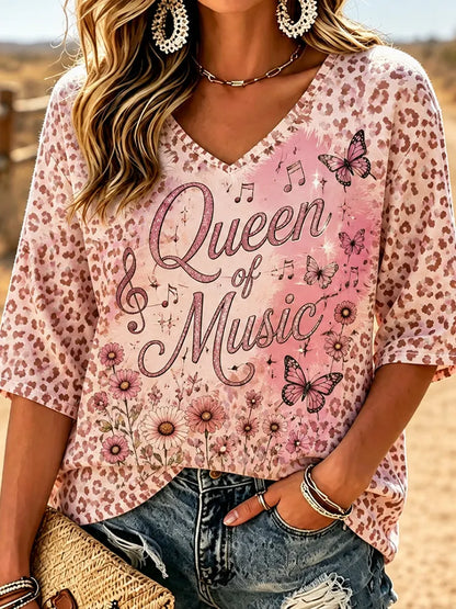 Cardydony Women's V-neck Leopard Print Commemorative T-shirt, Decorated With Butterfly And Wildflower Garden Patterns.