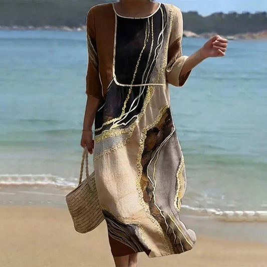 Cardydony Vintage Marble Pattern Art Pattern Linen Blend Loose Three-quarter Sleeve Dress