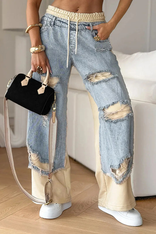 Cardydony Women's Women's Denim Trousers with Stitching and Ripped Design