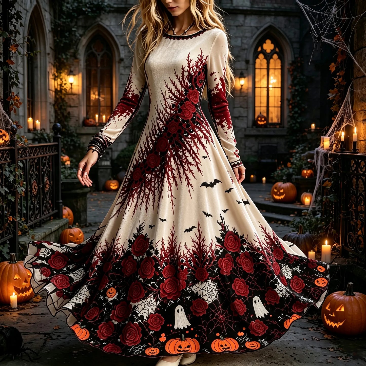 Cardydony Women's Retro Halloween Gothic Floral Print Velvet Long-sleeved Dress