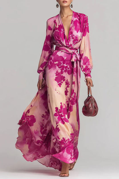 Cardydony Women's  Floral Print Chiffon Long-Sleeved V-Neck Tie Waist Elegant Maxi Dress