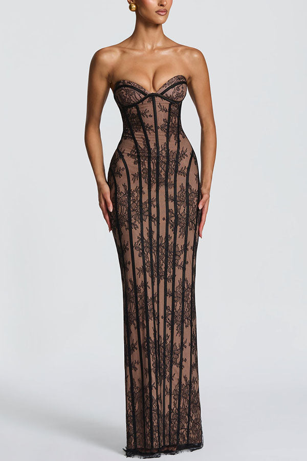Cardydony Women's Sian Floral Lace Contrast Structural Detail Back Lace-up Strapless Slit Maxi Dress