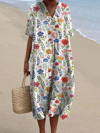 Cardydony Women's Pastoral Floral Art Print Casual Cotton Linen Dress