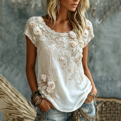 Cardydony Women's Retro Bohemian Floral Pattern Casual Cotton-linen Blend T-shirt