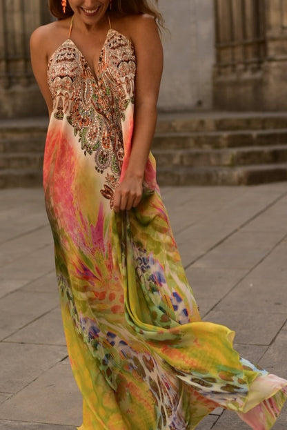 Cardydony Women's  Bohemian Style Unique Print Sleeveless Backless Loose Maxi Dress
