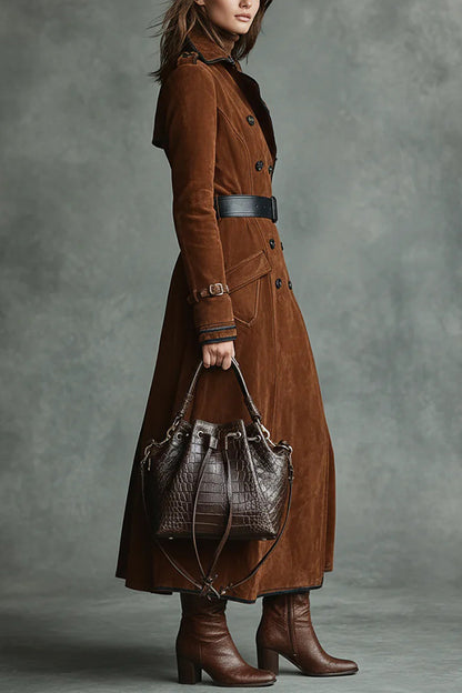 Cardydony Women's Stylish Suede Lapel Button Casual Pocket Long Trench Coat