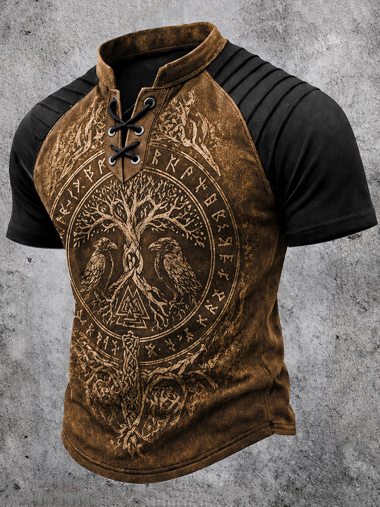 Cardydony Retro Viking Casual Color Block Printed Cotton Linen Top