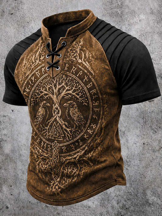 Cardydony Retro Viking Casual Color Block Printed Cotton Linen Top