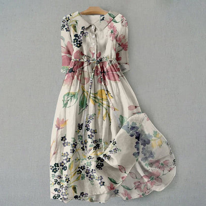 Cardydony Elegant Japanese Art Floral Print Lace-up Casual Midi Dress