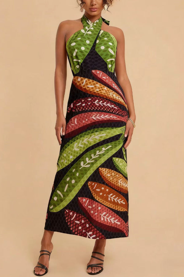Cardydony Women's  Multi-colored Fish Print Halter Neck Backless Printed Fitted Vacation Maxi Dress