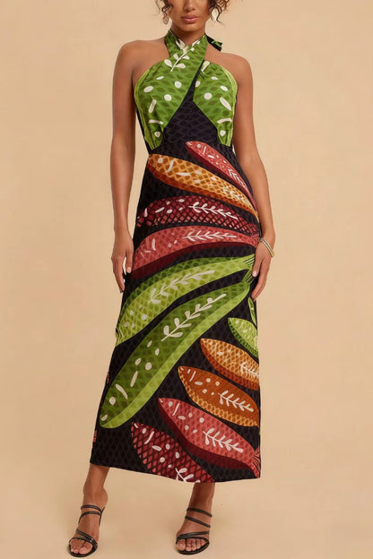 Cardydony Women's  Multi-colored Fish Print Halter Neck Backless Printed Fitted Vacation Maxi Dress