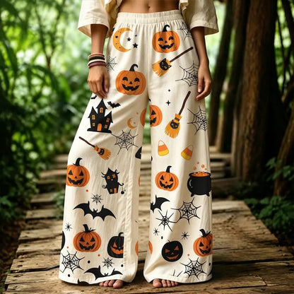 Cardydony Women's Halloween Casual High-waist Wide-leg Pants With Jack-o'-lanterns, Spiders, And Witch Brooms Print