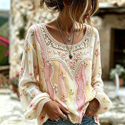 Cardydony Women's Vintage Floral Art Embroidered Linen Blend Round Neck Long Sleeve Tops