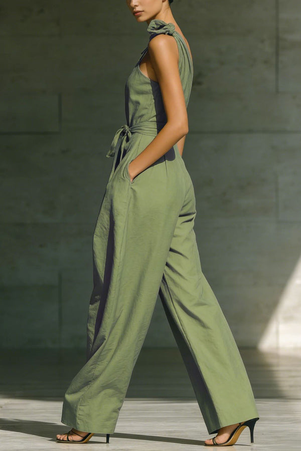 Cardydony Women's Solid Color Sleeveless One-shoulder Fitted Waist Casual Pocket Loose Wide-leg Jumpsuit