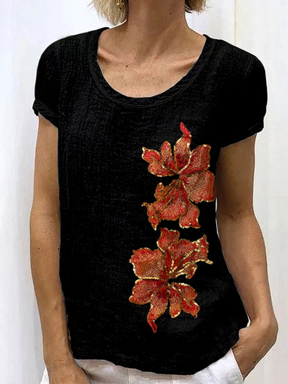 Cardydony Vintage Embroidered Sequin Maple Leaf Pattern Print Art Party Round Neck Tshirt
