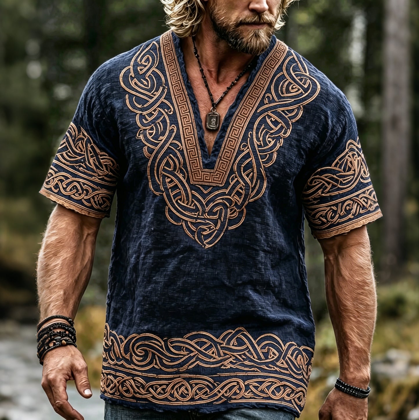 Cardydony Men's Retro Viking Celtic Knot Pattern Casual V Neck Cotton And Linen Tops