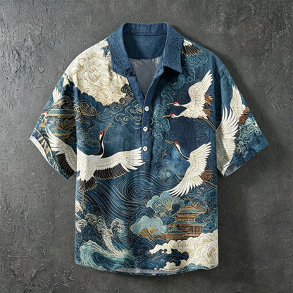 Cardydony Men's Retro Japanese Art Crane Print Cotton Linen Shirt