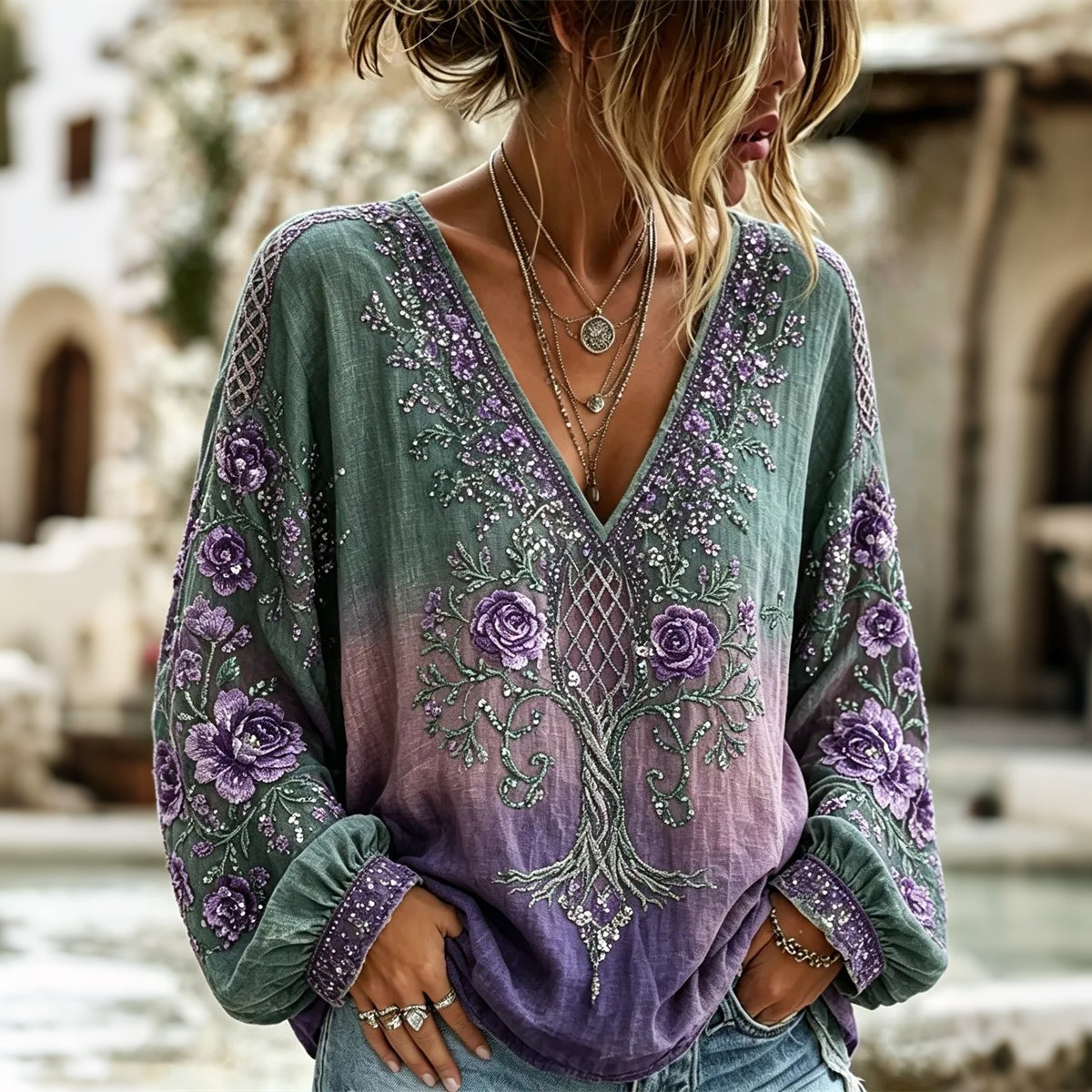 Cardydony Women's Vintage Celtic Knot Floral Art Flowy Art V Neck Long Sleeve T-shirt