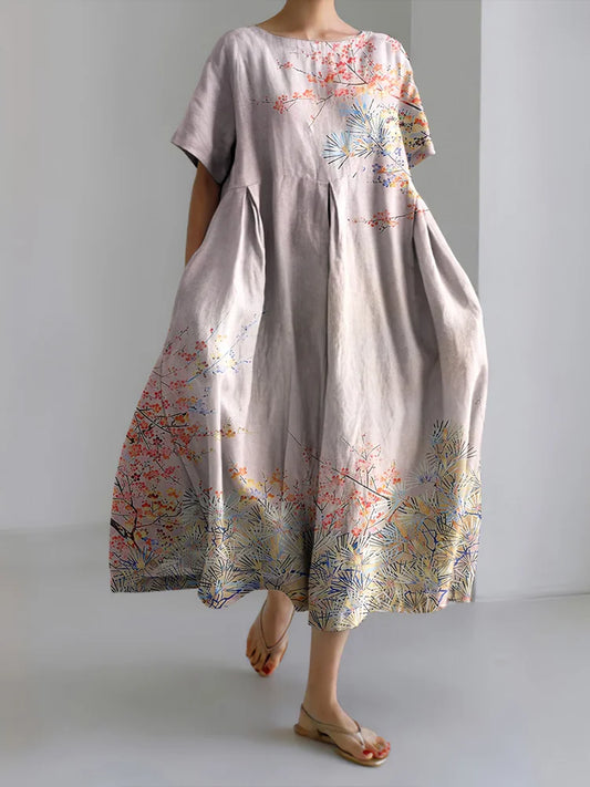 Cardydony Women's Japanese Cherry Blossoms Art Short Sleeve Midi Dress