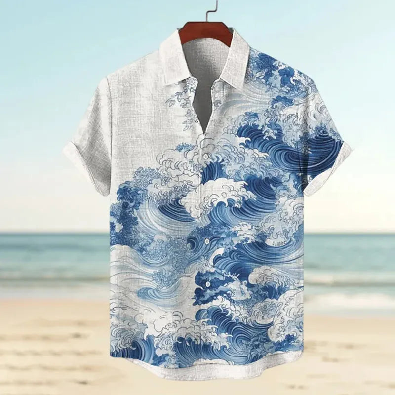 Cardydony Men's Waves Watercolor Art Print Short Sleeve Shirt