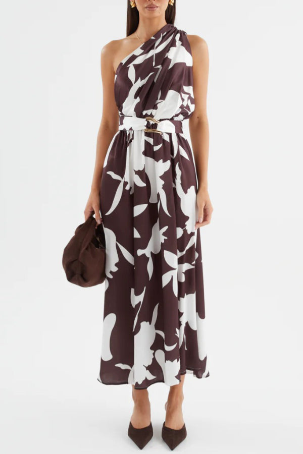 Cardydony Women's Unique Printed One-Shoulder Belt Casual Holiday Maxi Dress