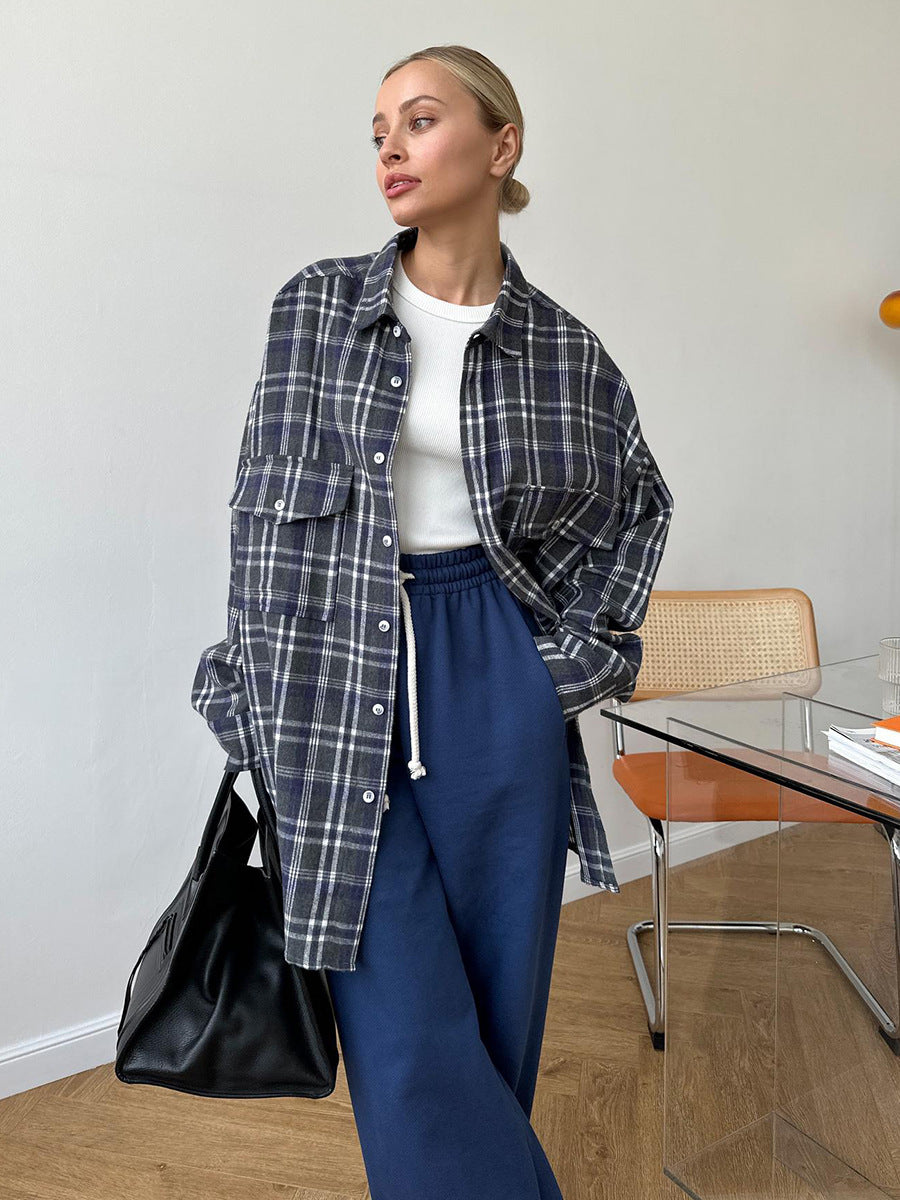 Cardydony Women's American Vintage Style Long Plaid Shirt with Double Pockets