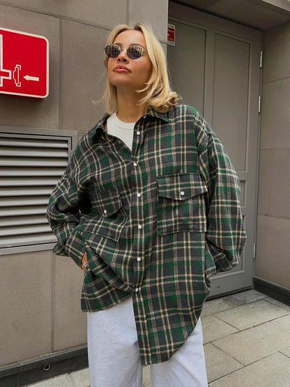 Cardydony Women's American Vintage Style Long Plaid Shirt with Double Pockets