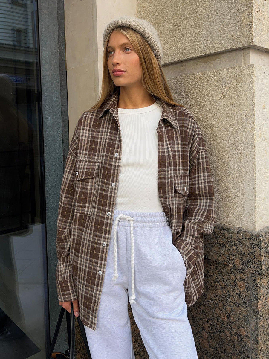 Cardydony Women's American Vintage Style Long Plaid Shirt with Double Pockets