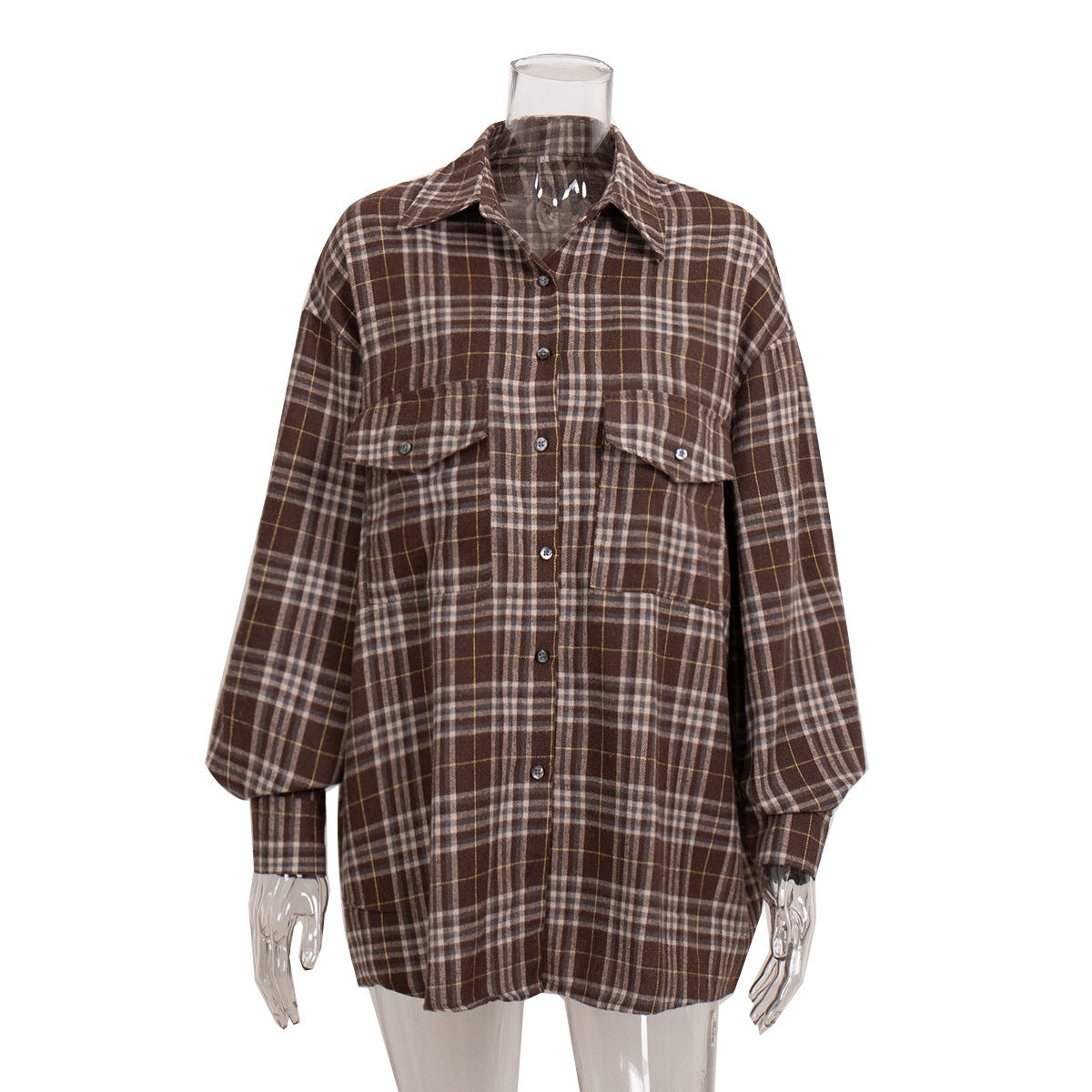 Cardydony Women's American Vintage Style Long Plaid Shirt with Double Pockets