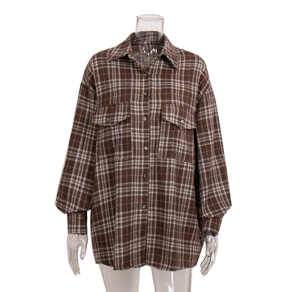 Cardydony Women's American Vintage Style Long Plaid Shirt with Double Pockets