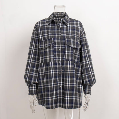 Cardydony Women's American Vintage Style Long Plaid Shirt with Double Pockets