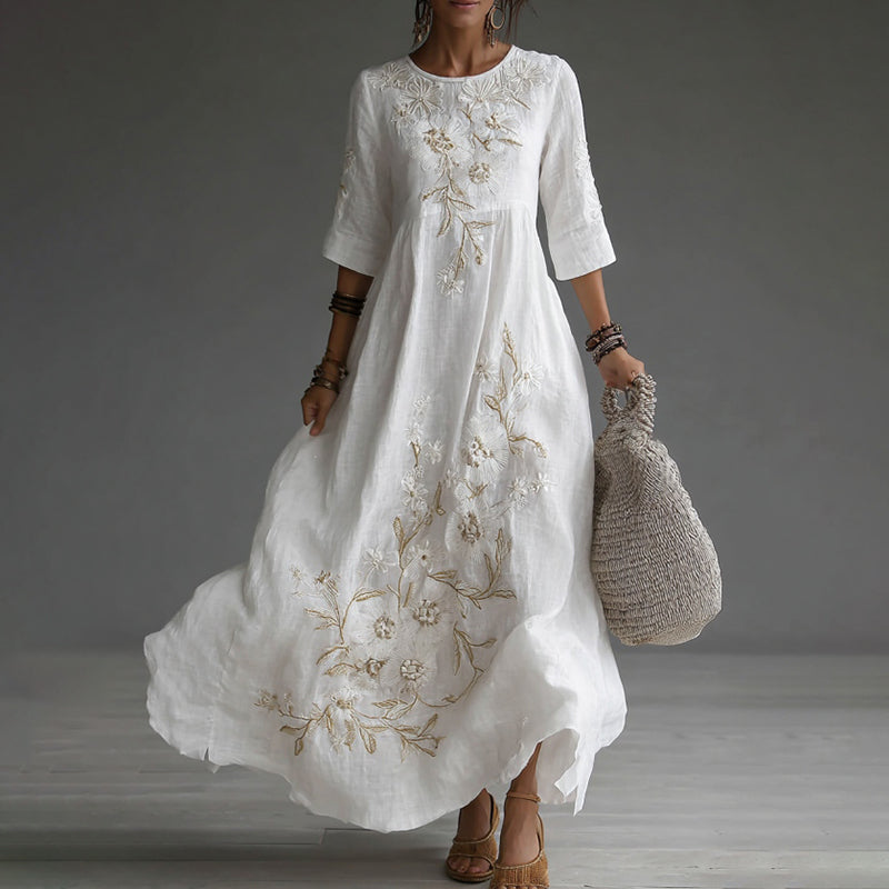 Cardydony Japanese Floral Art Embroidered Casual Linen Maxi Dress