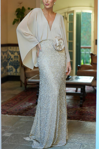 Cardydony Women's Aleina Chiffon Batwing Sleeve Flower Embroidered Waist Sequin Fabric Maxi Dress