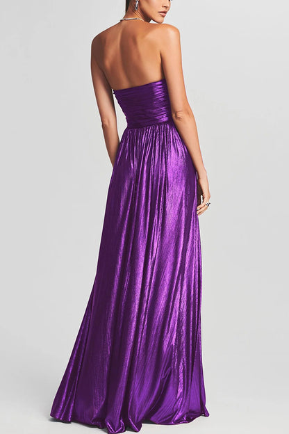 Cardydony Women's Goddess Temperament Metallic Pleated Fabric Off Shoulder Slit Maxi Dress