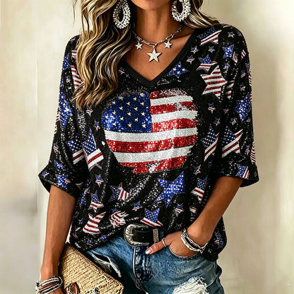 Cardydony Women's Vintage Independence Day Anniversary Heart Art Print T-shirt