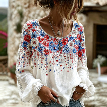 Cardydony Women's Retro Independence Day Red And Blue Floral Design Cotton And Linen Tops