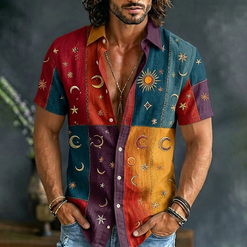 Cardydony Men's Plaid Stars Moon Colorblock Print Short Sleeve Shirt