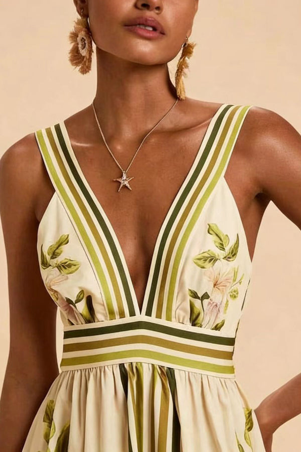 Cardydony Women's  Botanical Print V-neck Backless Pleated Casual Vacation Maxi Dress
